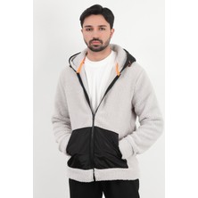Erkek Kapüşonlu Fermuarlı Cep Detaylı Peluş Sweatshirt Gri - 9005