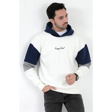 Erkek Kapüşonlu Sweatshirt Beyaz 3 Iplik Şardonlu Baskılı Garnili Ribanalı Hoodie - 5299