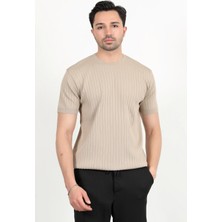 Erkek Bisiklet Yaka Kısa Kol Fitilli Triko T-Shirt Bej - 2502