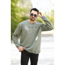 Erkek Oversize Sweatshirt Yeşil 3 Iplik Baskılı Bisiklet Yaka Ribanalı Pamuk Karışım - 10018