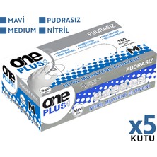 One Plus Nitril Muayene Eldiveni 100'LÜ L Büyük Boy Mavi 5 Kutu