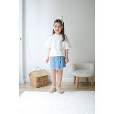 Kız Çocuk Taşlı Tişörtlü Kot Şort Etekli Takım