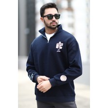 Erkek Lacivert Dik Yaka Nakışlı Polarlı Kışlık Yarım Fermuarlı 3 Iplik Şardonlu Sweatshirt - 9009