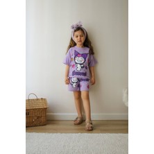 Kız Çocuk Kuromi Modelli Bisiklet Yaka Pamuk Şortlu Takım