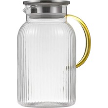 Borosilikat Cam Çizgili Sürahi Gold Saplı Metal Kapaklı 1500 ml