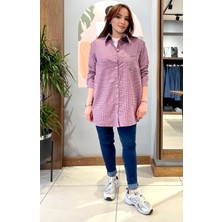 Oversize Geniş Kesim %100 Pamuk Kadın Kırmızı Piti Kare Tunik Gömlek.