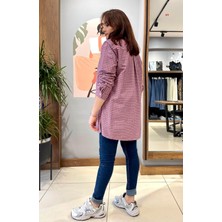 Oversize Geniş Kesim %100 Pamuk Kadın Kırmızı Piti Kare Tunik Gömlek.