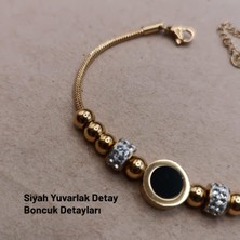 Hazemy Şık ve Zarif Altın Tonlarında Siyah Yuvarlak Detaylı Çelik Bileklik