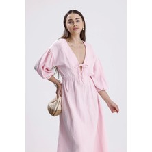 Balon Kol V Yaka Müslin Elbise - Pembe