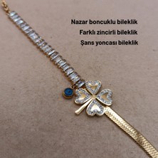 Hazemy Dört Yapraklı Yonca ve Nazar Boncuğu Detaylı Yarı Su Yolu Zarif Bileklik