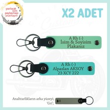 Motor Severlere Özel, Isim Plaka ve A Rh (-) Kan Grubu Yazılı X2 Anahtarlık Takım, Yeşil-Turkuaz-Gr