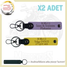 Hız Tutkunlarına Özel, Isim Plaka ve B Rh (-) Kan Grubu Yazılı Deri X2' Li Anahtarlık, Mor-Sarı-Laci