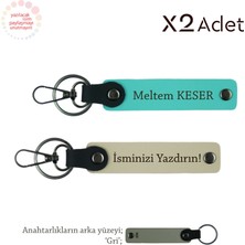 Anneye Yılbaşı Hediyesi, Isimli & Soyisimli 2’li Anahtarlık Hediye Takımı, Sütlü Kahve-Turkuaz-Gri