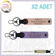Motor Tutkunlarına Özel Isim Plaka ve 0 Rh (-) Kan Grubu Yazılı X2 Anahtarlık, Yavruağzı-Mor-Sk