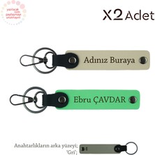 Anneler Gününe Zarif Jest, Isimli & Soyisimli 2’li Anahtarlık Hediye, Sütlü Kahve-Fıstık Yeşil-Gri