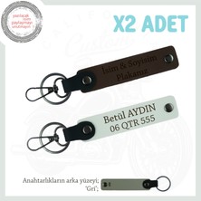 Kurye ve Motor Severler Için Deri Anahtarlık – Kişiye Özel Plaka & Isimli 2’li, Koyu Kahve-Beyaz-Gr