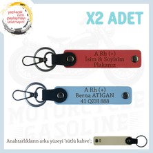 Yol Arkadaşları Için, Isim Plaka ve A+ Kan Grubu Kişiye Özel X2 Anahtarlık Set, Nar Çiçeği-Mavi-Sk