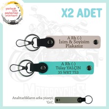 Motorcu Yolculara Özel, Isim Plaka ve A Rh (-) Kan Grubu Yazılı Deri X2 Anahtarlık, Pudra-Turkuaz-Gr