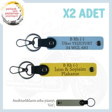 Hız Severlere Özel Armağan, Isim Plaka ve B Rh (-) Kan Grubu Yazılı Deri X2 Anahtarlık, Sarı-Mavi-Gr