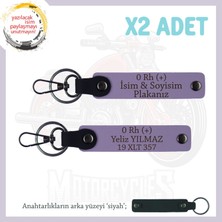 Motor Tutkunlarına, Isim Plaka ve 0+ Kan Grubu Yazılı Özel Üretim 2'li Anahtarlık, Armağan, Mor-Syh