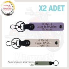 Cros Tarzına Özel, Isim Plaka ve 0 Rh (+) Kan Grubu Yazılı Hediye 2'li Anahtarlık Set, Mor-Pudra-Gr