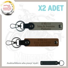 Motor Severlere Hediyelik Isim Plaka ve 0 Rh (+) Kan Grubu Yazılı 2'li Anahtarlık, Kül Gri-Kahve-Syh