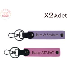 Çiftlere Anlamlı Hediye, Isim Soyisimli 2’li Anahtarlık Seti, Mor Menekşe-Pembe