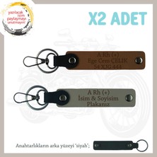 Motor Severlere Hediyelik Isim Plaka ve A Rh (+) Kan Grubu Yazılı 2'li Anahtarlık, Kül Gri-Kahve-Syh