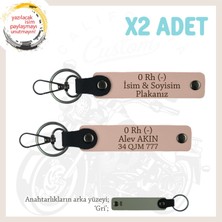 Sürücülere Özel Isim Plaka ve 0 Rh (-) Kan Grubu Yazılı Hediye, Deri X2 Anahtarlık Set, Yavruağzı-Gr