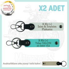 Motor Severlere, Isim Plaka ve B Rh (+) Yazılı Özel Tasarım X2 Anahtarlık, Hediye , Beyaz-Turkuaz-Sk