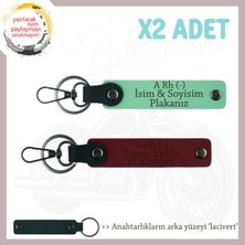 Motorcu Dostlara Özel, Isim Plaka ve A Rh (-) Kan Grubu Yazılı X2 Anahtarlık Set, Yeşil-Bordo-Laci