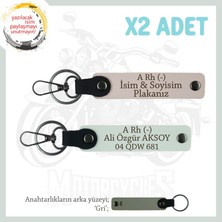 Motor Tutkunlarına Özel, Isim Plaka ve A Rh (-) Kan Grubu Yazılı Deri X2 Anahtarlık, Pudra-Beyaz-Gr