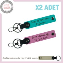 Ehliyeti Olanlara Isim ve Plaka Yazılı Deri X2'li Anahtarlık Hediyelik Takım, Koyu Turkuaz-Pembe-Sk