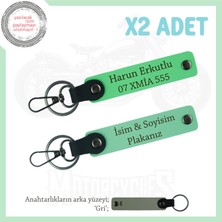 Kompakt ve Kullanışlı, Kişiye Özel Plaka ve Isim Yazılı Deri 2’li Anahtarlık Set, Yeşil-F Yeşil-Gr