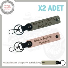 Custom Motorculara Özel Hediye, Isim ve Plaka Yazılı X2 Anahtarlık Set, Yavruağzı-Kül Gri-Sk