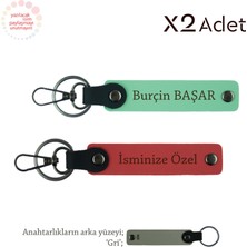 Sevgiliye Doğum Günü Jest, Isimli & Soyisimli 2’li Anahtarlık Seti, Nar Çiçeği-Yeşil-Gri