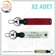 Yoldaki Kuryelere, Isim Plaka ve B Rh (-) Kan Grubu Yazılı X2 Anahtarlık Hediyelik, Kırmızı-Bordo-Sk