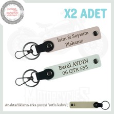 Araç Sahiplerine Özel Hediye, Isim ve Plaka Yazılı Deri Anahtarlık Set X2'li, Pudra-Beyaz-Sk