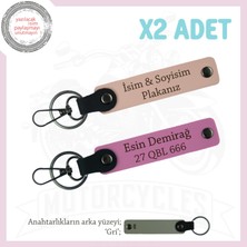 Plaka ve Isim Yazılı, Kişiye Özel 2’li Deri Anahtarlık, Motor Severlere Hediye, Yavruağzı-Pembe-Gr
