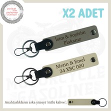 Hediye Edilebilir Deri Anahtarlık Seti, Plaka ve Isimle Özelleştirilmiş X2 Takım, Kül Gri-S Kahve-Sk