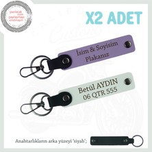 Hız Severler Için Kişiselleştirilebilen Isim ve Plaka Yazılı X2 Anahtarlık Hediye Set, Mor-Beyaz-Syh
