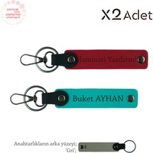 Anneye Yılbaşı Hediyesi, Isim Yazılı 2’li Anahtarlık Hediye Takımı, Kırmızı-Koyu Turkuaz-Gri