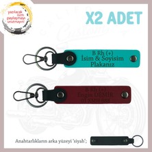 Motorcu Yolculara, Isim Plaka ve B Rh (+) Kan Grubu Yazılı 2'li Anahtarlık Set, K Turkuaz-Bordo-Syh