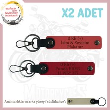 Motorcu Yolculara, Isim Plaka ve 0 Rh (+) Kan Grubu Yazılı Deri X2 Anahtarlık, Nar Çiçeği-Kırmızı-Sk