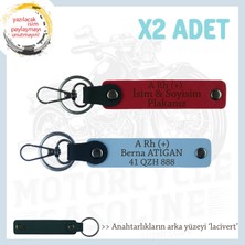 Biker Stiline Özel, Isim Plaka ve A+ Kan Grubu Yazılı Anlamlı Motor X2 Anahtarlık, Kırmızı-Mavi-Laci