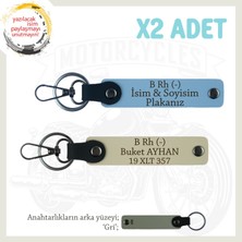 Motorcu Tarzına Uygun, Isim Plaka ve B Rh (-) Kan Grubu Yazılı X2 Anahtarlık Hediye, Mavi-S Kahve-Gr