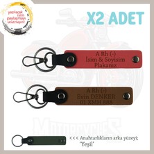 Biker Stiline Özel Isim Plaka ve A Rh (-) Kan Grubu Yazılı  X2 Anahtarlık Set, Nar Çiçeği-Kahve-Ysl