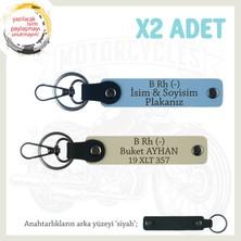 Motorcu Tarzına Uygun, Isim Plaka ve B Rh (-) Kan Grubu Yazılı X2 Anahtarlık Set, Mavi-S Kahve-Syh
