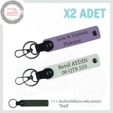 Sevgililere Özel Gün Hediyesi, Üzerinde Isim ve Plaka Yazılabilen X2 Anahtarlık Set, Mor-Beyaz-Ysl