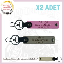 Motorcu Yolculara Özel, Isim Plaka ve 0 Rh (+) Kan Grubu Yazılı X2 Anahtarlık, Kül Gri-Pembe-Sk